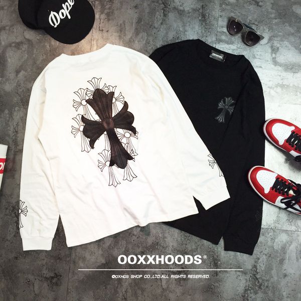 

crosin 20 personality street leather pu cross couple round neck long sleeve t-shirt loose bf, White