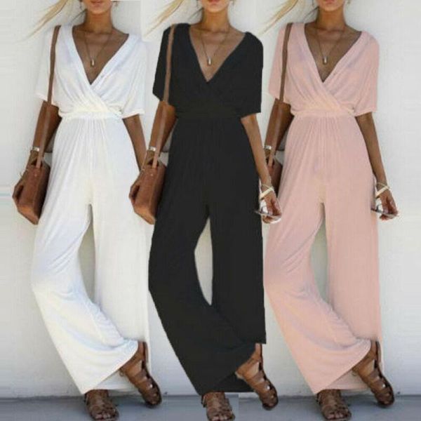 

women's jumpsuits & rompers summer casual women v neck loose solid color playsuit party ladies romper short sleeve long jumpsuit, Black;white