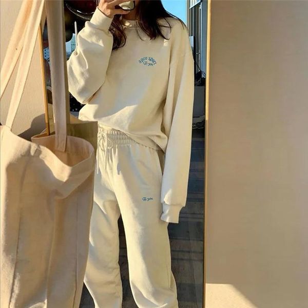 

women's two piece pants women embroidery fleece sweatshirt sets o-neck long sleeve lace up pant suit female 2021 autumn lady casual spo, White