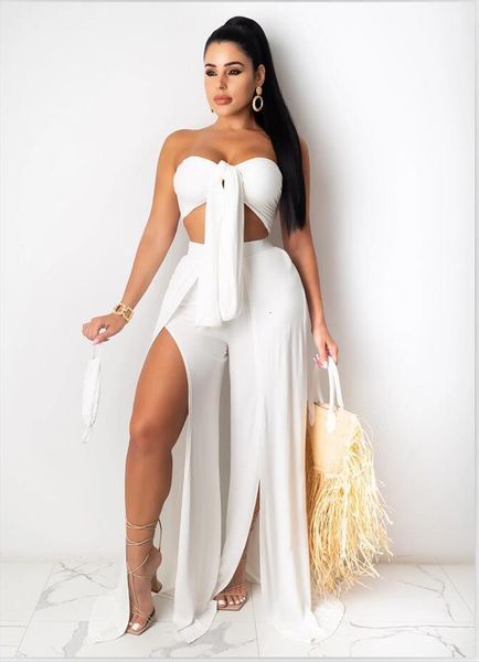 

solid color two womenpant pieces sets twist knot bra corset high wide leg party club streetwear, White