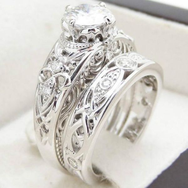 

wedding rings two sets of retro and white diamond female romantic ring engagement bride love size 5-11, Slivery;golden