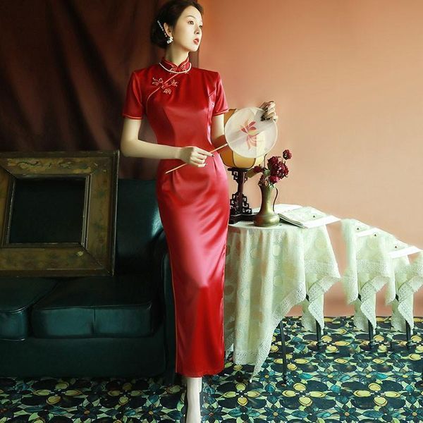 

ethnic clothing female elegant flower rayon cheongsam red chinese bride wedding dresses qipao mandarin collar vintage evening party vestidos