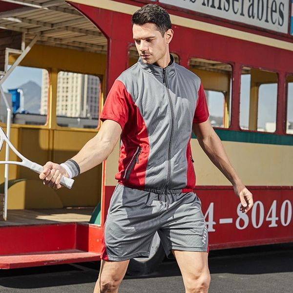 

men's tracksuits summer casual set outdoor sports clothes two-piece tracksuit patchwork colors short sleeve shorts with pockets hombre, Gray