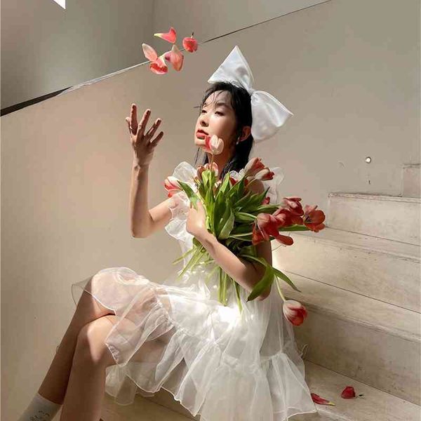 

casual dresses white ruffle sleeveless sheer summer backless cute ball gown tank tulle kawaii tunic fairy clothing wj1c, Black;gray