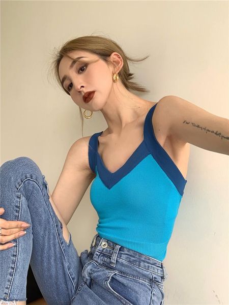 

women's tanks & camis color blocked knitted small suspender vest for women in summer. ins girl short style with blue bottomed inside, White