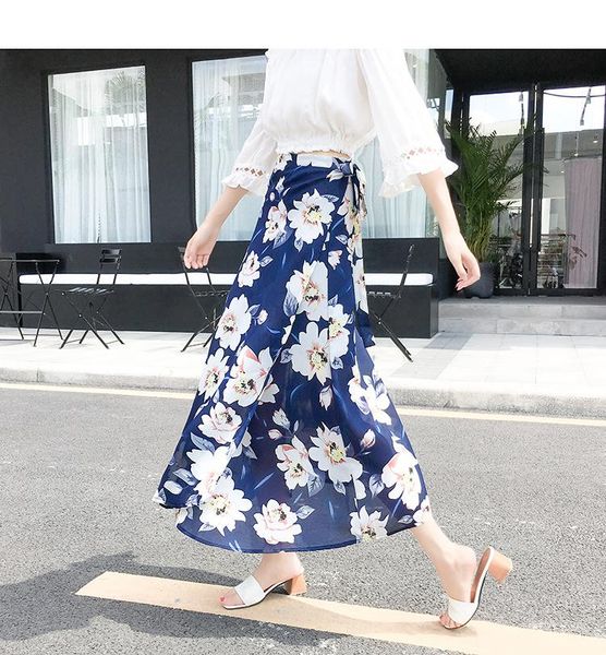 

skirts sishion chiffon skirt summer beach chic floral print high waist one-piece printed long female 2021 sp1061, Black