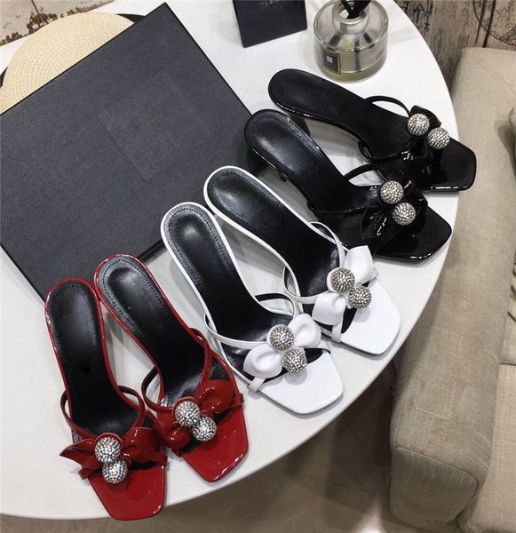 

2021 new round ball decoration elegant retro temperament high heel sandals look fairer slimming slippers patent cowhide mmm, Black