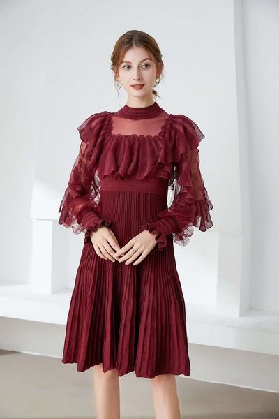 

dresses princess women's spring autumn casual vestidos women cascading ruffle mesh knit patchwork long sleeve sweater, Black;gray