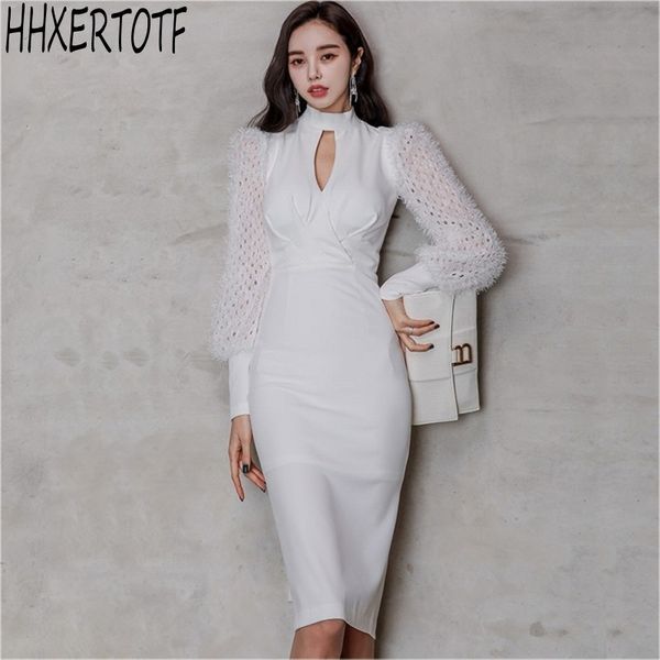 

spring fashion elegant women bodycon pencil sheath white dresses 210531, Black;gray