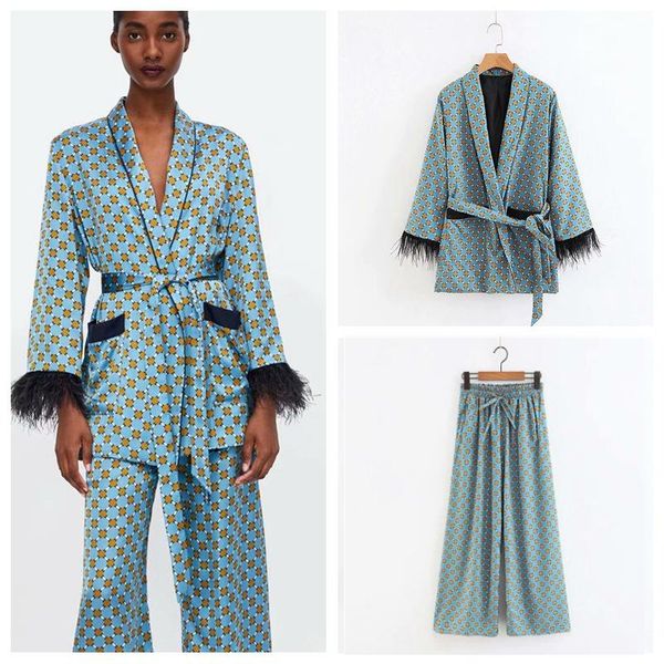 

ethnic clothing japanese style kimono set for woman vintage print yukata jacket ladies feather oriental blazer suit coat pants, Red