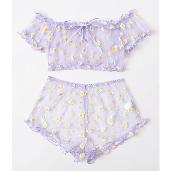

one-piece suits women bikini underwear set cute embroidery lingerie off-shoulder bralette shorts transparent mesh sexy