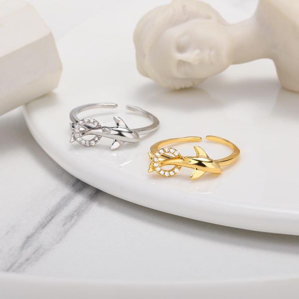 

wedding rings fashion fine zircon dolphin ring jewelry fishtail fish wave crystal animal opening adgustable for women men party, Slivery;golden
