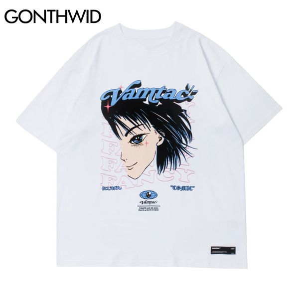 

gonthwid short sleeve tees streetwear harajuku men anime cartoon girl head print tshirt cotton casual hip hop t-shirts male c0315, White;black