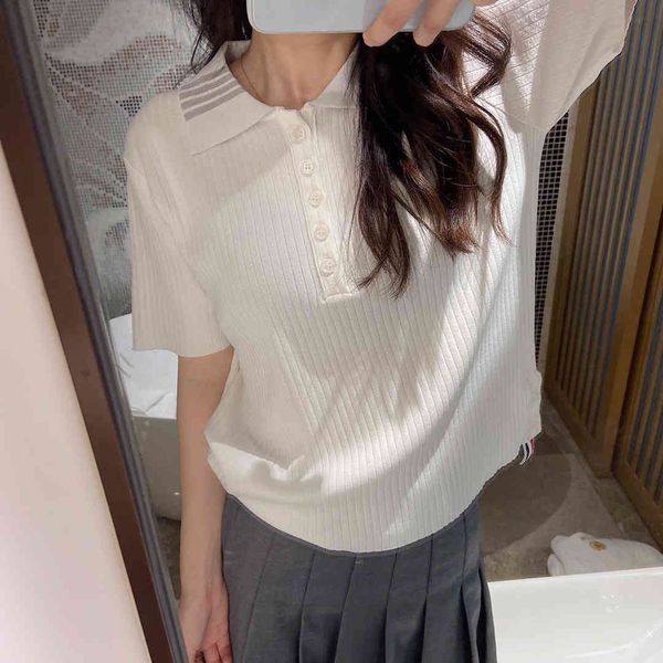 

summer tb knitted ice hemp short sleeve for men and women lovers polo shirt lapel four bar t-shirt leisure sports trend, White
