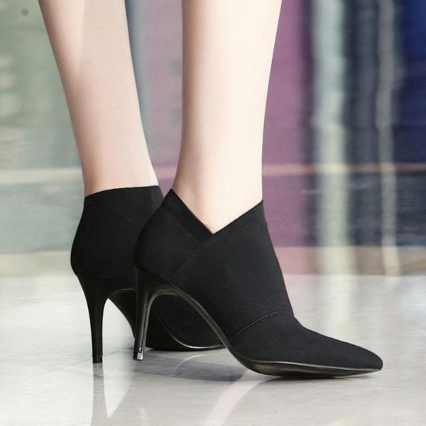 

boots 2021 autumn winter fashion woman high heels women leather ankle pointed toe black shoes