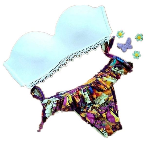 

suit two piece bikini floral print split swimsuit, White;black