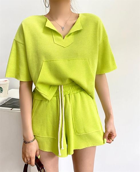 

women's tracksuits summer street fashion v-neck loose short-sleeved pullover t-shirt feminine elastic waist tie wide-leg shorts suit wo, Gray