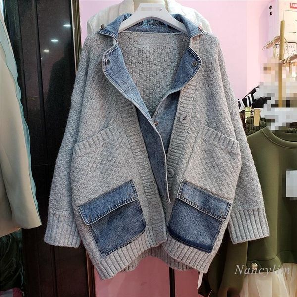 

women's knits & tees fashion brand cardigan women denim patch loose sweater coat 2021 autumn gray knitted chaqueta mujer, White