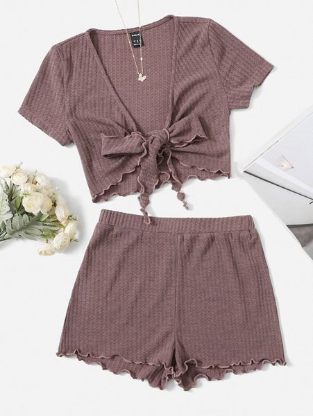

tie front lettuce trim tee and waffle knit shorts set 88hm#, White