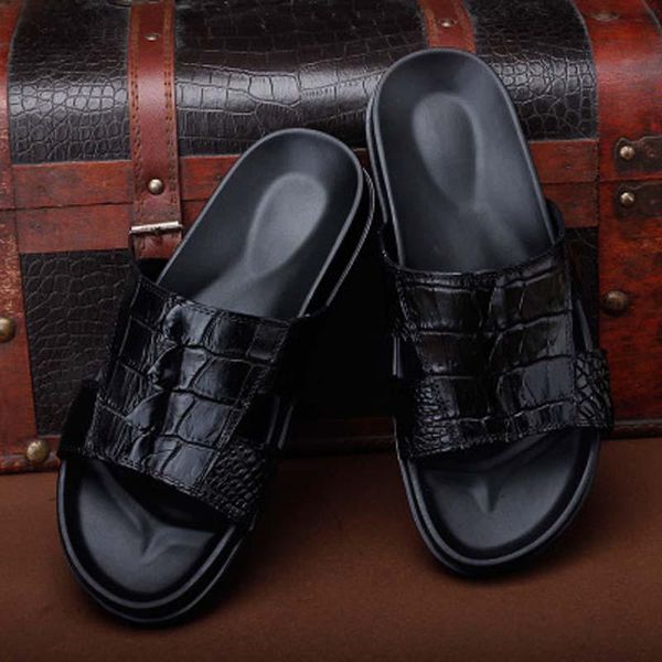 

slippers ourui true crocodile leather men black tail bone skin back