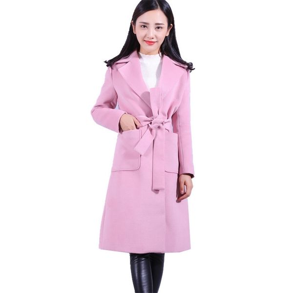 Casaco de lã Mulheres rosa inverno moda temperamento fino camelo cinto espesso manga longa lapela mistura jaqueta feminina lr1003 210531