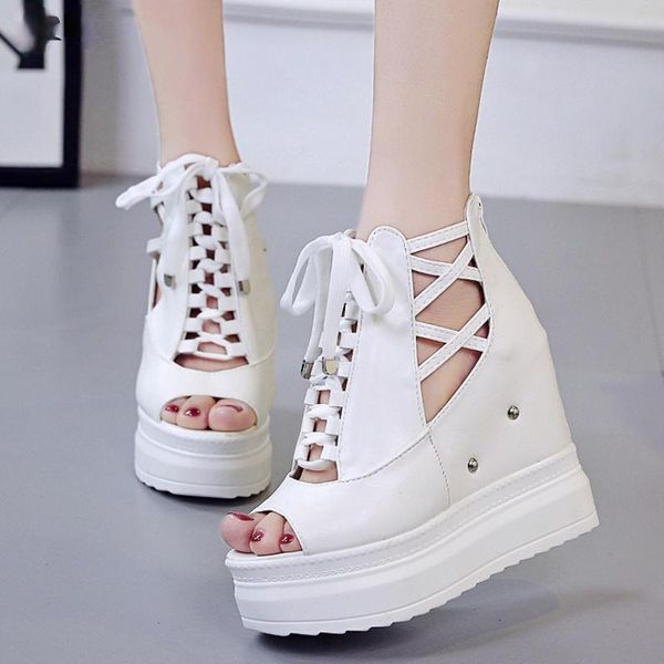

sandals super chunky heels 15cm platform wedge fish mouth zip women summer shoes 2021 rome white zapatos mujer, Black