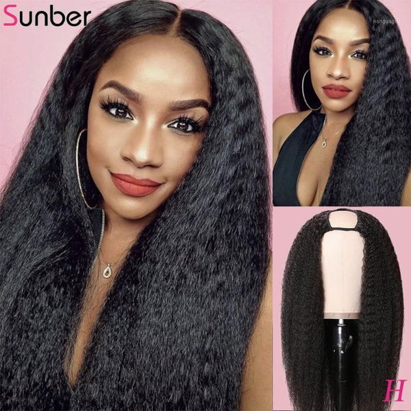 

sunber kinky straight u part human hair wig 150% density remy easy install real scalp glueless peruvian wig1, Black;brown