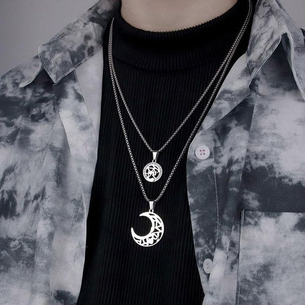 

pendant necklaces sun and moon paired for lovers hollow titanium long chain necklace women men couple fashion jewelry gift, Silver