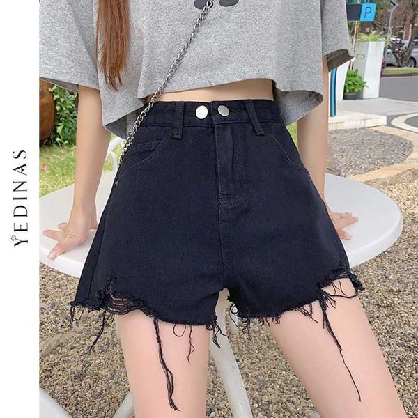 Yedinas Verão Rasgado Jeans Curto Feminino Mulheres Shorts Denim Ladies Hollow Out Hole Estilo Estilo Preto Sexy Cintura alta 210527