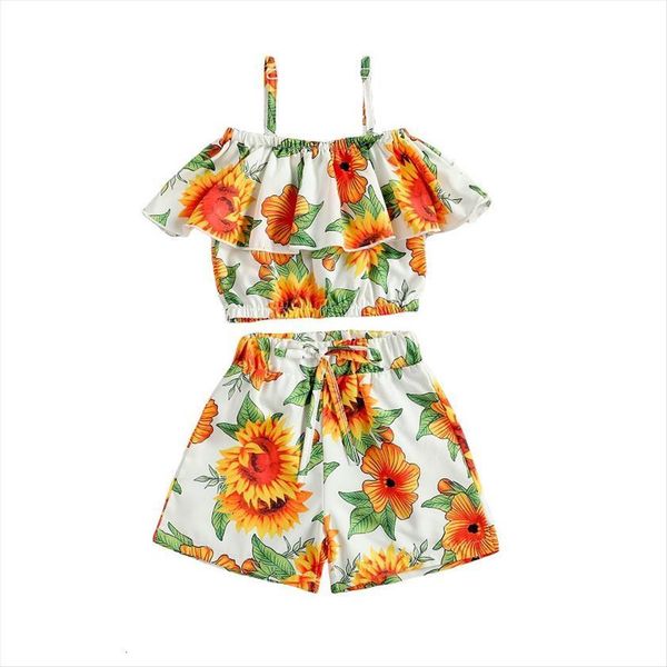 

0 5y summer infant girls clothes sets flowers printed strap ruffles sleeveless vest shorts, White