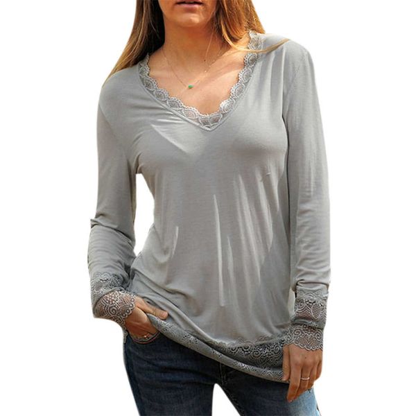

lace elegant women t-shirt long sleeve oversized v neck lace patchwork solid pullover bottoming casual loose plain y0621, White