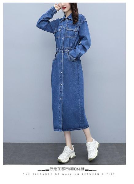 

casual dresses multiflora2021 autumn robe femme jeans dress women long sleeve vintage denim ladies slim bodycon with pocket korea, Black;gray