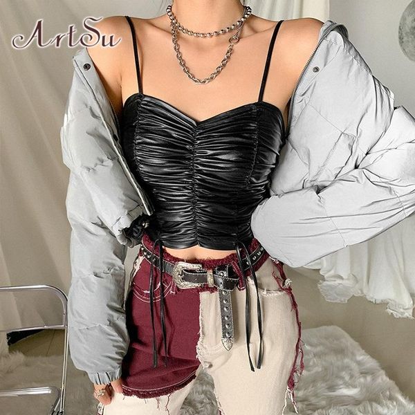 

women's tanks & camis pu leather drawstring ruched crop for women sleeveless backless club party black cropped punk ve52403, White