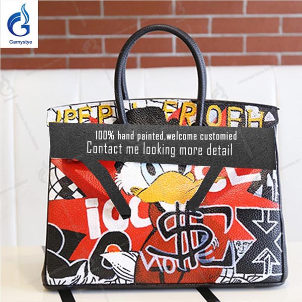 

graffiti designer bags art hand make draw dollar and duck h bags genuine leather cowhide handbags hand painted gifts