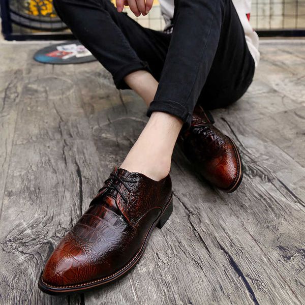 

elling classic luxury fashion men's grain leather dress shoes man casual pointed toe oxfords mens lace-up business office formal oxford, Black