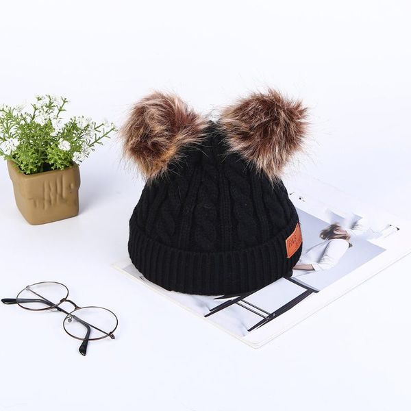 

beanie/skull caps ear warm hat winter hats thicken for women and men with double hairball skullies knitted crochet cap, Blue;gray