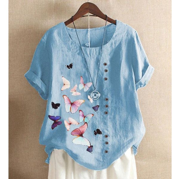 

women's blouses & shirts women and 2021 short sleeve cotton line blouse casual butterfly print o-neck shirt plus size ladies vintage, White
