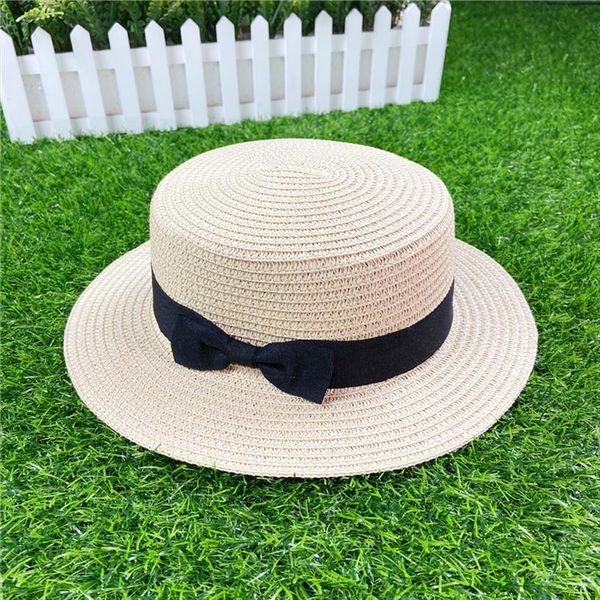 

summer parent child sun hat able women block caps girl bow straw vacation seaside beach simple casual cap, Blue;gray