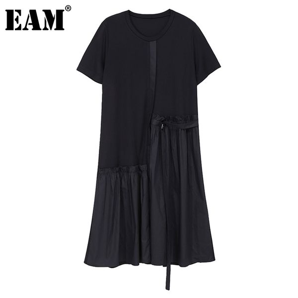 

[eam] women black spliced pleated ruffles sashes dress round neck short sleeve loose fit fashion spring summer 1dd7153 21512, Black;gray