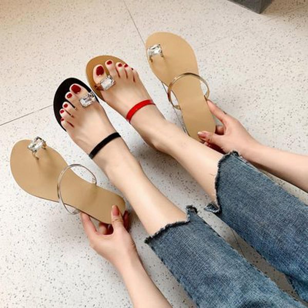 

slippers summer 2021 women's open toe outdoor flat sandals beach shoes rhinestones fashion plus size 42, Black