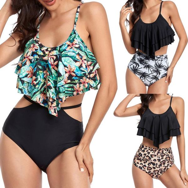 

women's swimwear swimming suit for women bikini set digital printed ruffled plus size split high waist swimsuit stroje kapielowe damski, White;black