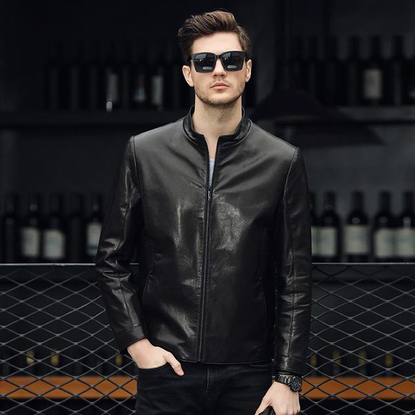 

men's leather & faux clothes men genuine jacket 2021 spring autumn 200% goatskin coat slim fit casual chaqueta hombre sf-90822 kj5976, Black
