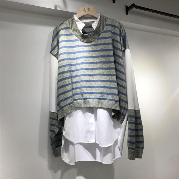 

[ewq] spring autumn european trend ladies pullover knitted loose striped sweater stitching fake 2 pieces of casual clothing 210423, White;black