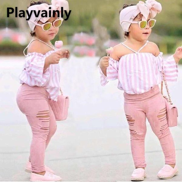 

clothing sets summer baby girl pink striped off shoulder + hole pants hair band 3 piece outfits children e100230, White