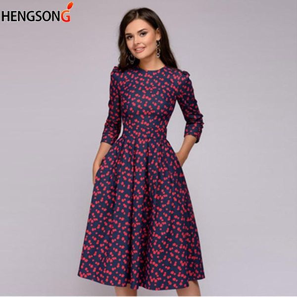 

casual dresses women's autumn clothing printed a-line dress three quarter sleeve vintage floral pattern with pocket red, Black;gray