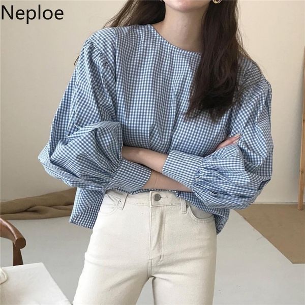 

neploe korean ins o neck pullover plaid blouse lantern long sleeve green straight blusas autumn spring 2021 shirt holiday 48447 210317, White