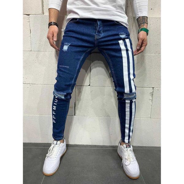 Jeans para homens joelho rasgado furo faixa impresso denim lápis calça casual high street desgaste completo comprimento preto azul mais calças tamanho x0621