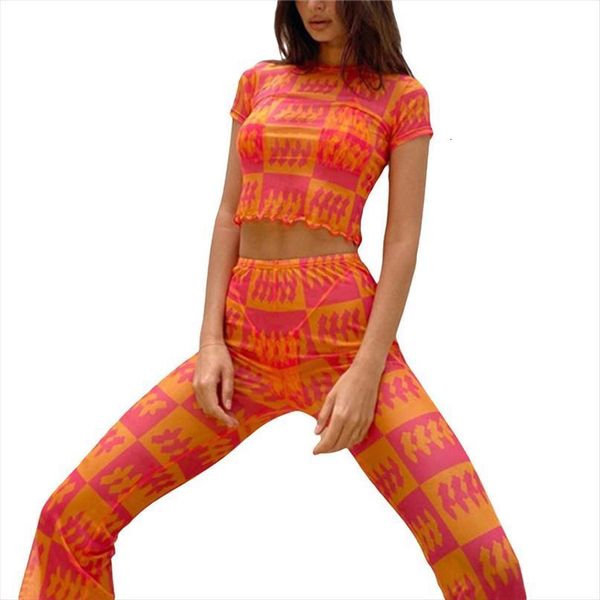 

2pcs summer tracksuit, plaid mock womenpant neck short sleeves slim t shirt high waist flared pants for girls, orange light, White