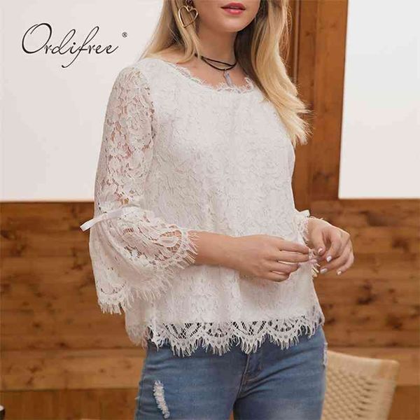 

summer women white lace blouse hollow out casual loose female shirt 210513