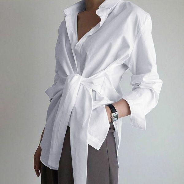 

[ewq] 2021 spring autumn new simple trend ladies solid color loose tie shirt korea plus size 3 color casual blouse qv1084 210317, White